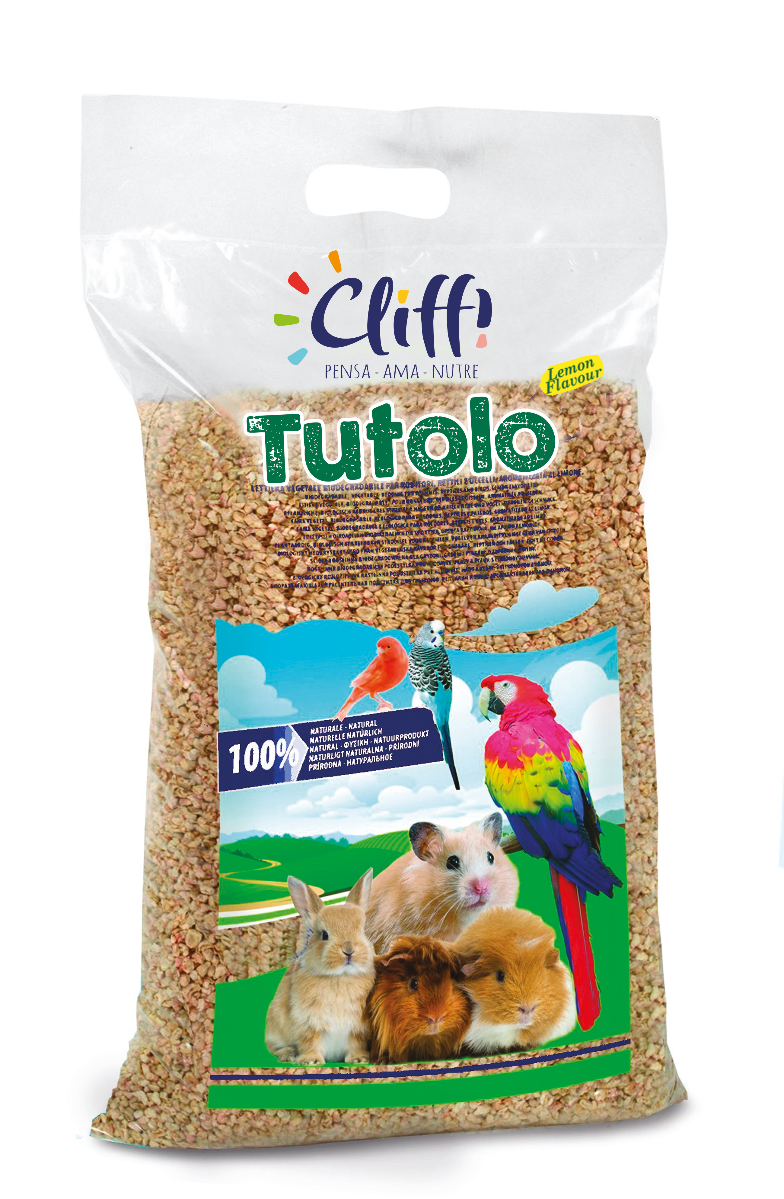 tutolo_limone Cliffi tutolo limone lettiera vegetale biodegradabile per roditori, rettili e uccelli aromatizzata al limone
